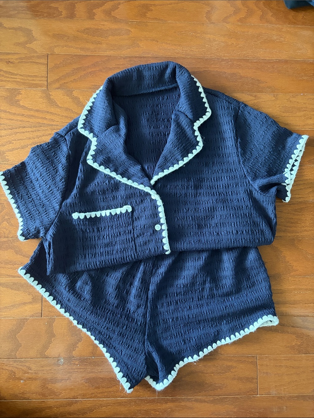SHEIN Navy Blue Short Two-Piece Pajama Set with Light Blue Trim